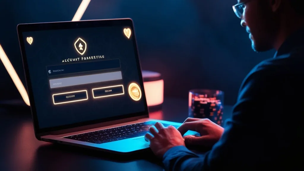 Osoba logująca się do konta w ciemnym kasynie online na ekranie laptopa