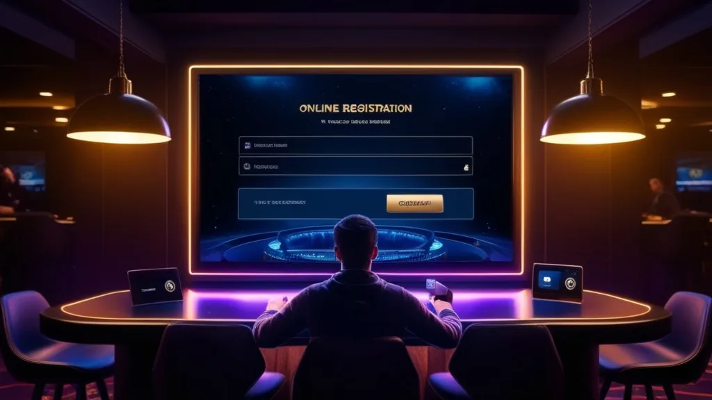 Rejestracja online z formularzem i weryfikacją danych na ciemnym tle